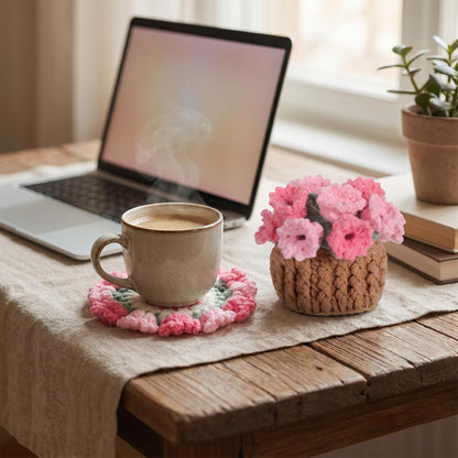 Crochet Coaster Set Handmade Pink Flower, Bouquet Blanket Coasters