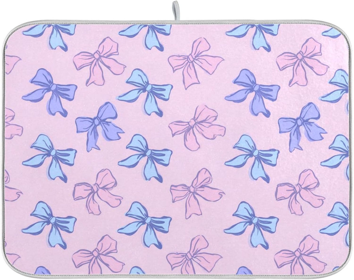 Bow Light Dish Drying Mat Pink Blue Printed Dry Dishes Pads Mats,Absorbent Countertops Tableware Protector for Kitchen Counter Coffee Bar