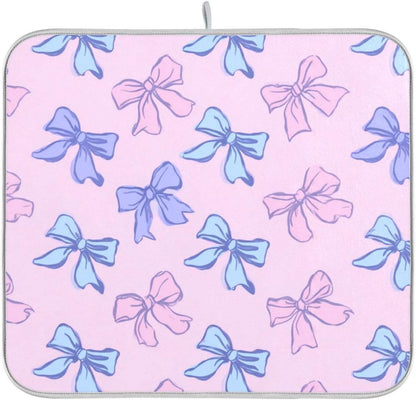 Bow Light Dish Drying Mat Pink Blue Printed Dry Dishes Pads Mats,Absorbent Countertops Tableware Protector for Kitchen Counter Coffee Bar