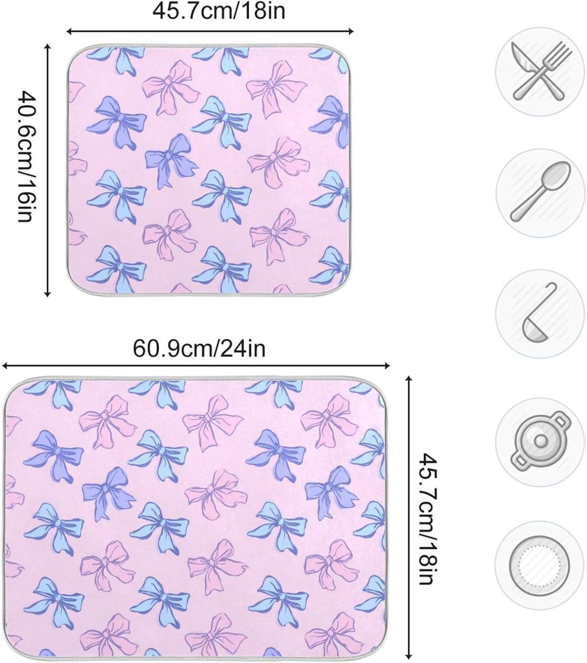 Bow Light Dish Drying Mat Pink Blue Printed Dry Dishes Pads Mats,Absorbent Countertops Tableware Protector for Kitchen Counter Coffee Bar