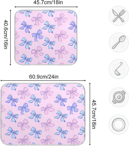 Bow Light Dish Drying Mat Pink Blue Printed Dry Dishes Pads Mats,Absorbent Countertops Tableware Protector for Kitchen Counter Coffee Bar