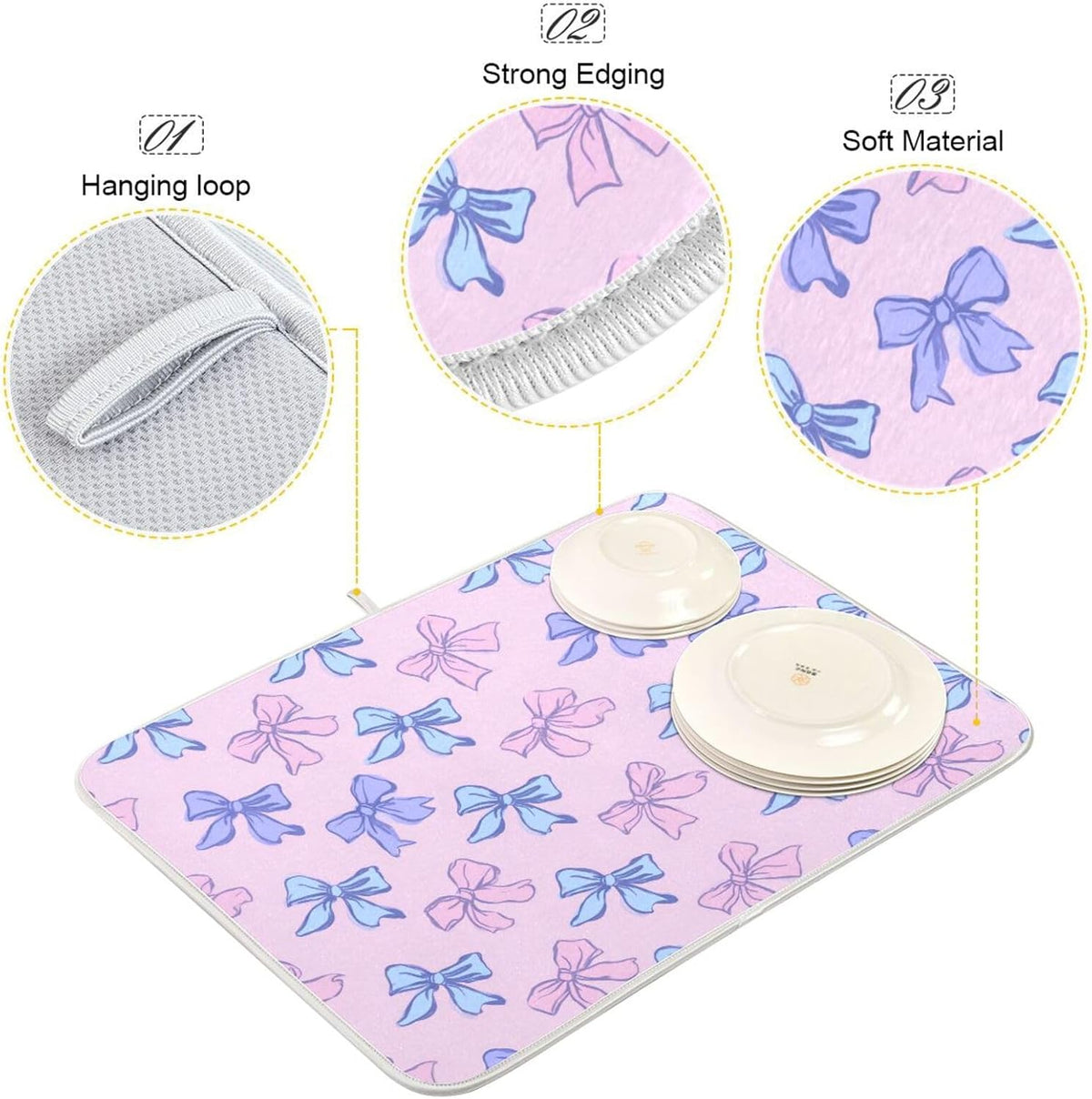 Bow Light Dish Drying Mat Pink Blue Printed Dry Dishes Pads Mats,Absorbent Countertops Tableware Protector for Kitchen Counter Coffee Bar