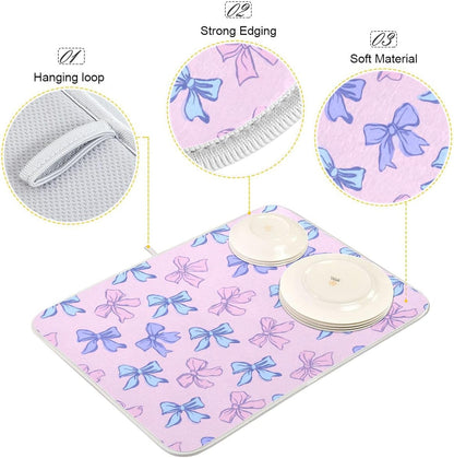 Bow Light Dish Drying Mat Pink Blue Printed Dry Dishes Pads Mats,Absorbent Countertops Tableware Protector for Kitchen Counter Coffee Bar