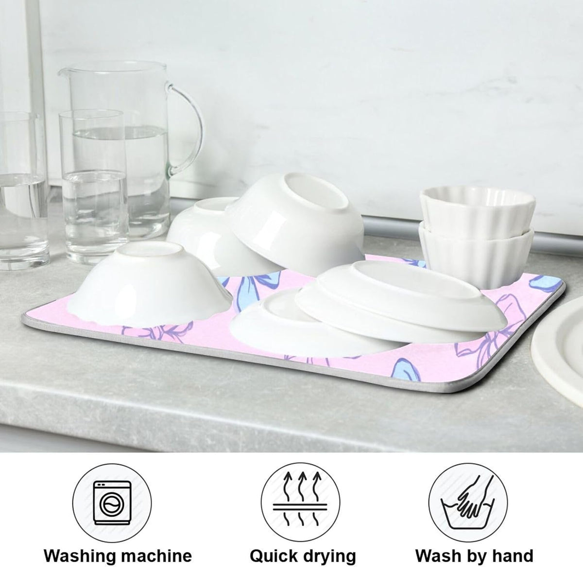 Bow Light Dish Drying Mat Pink Blue Printed Dry Dishes Pads Mats,Absorbent Countertops Tableware Protector for Kitchen Counter Coffee Bar