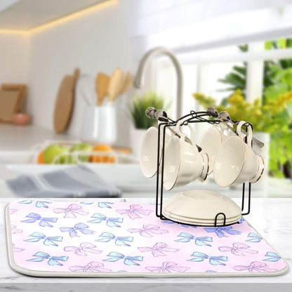Bow Light Dish Drying Mat Pink Blue Printed Dry Dishes Pads Mats,Absorbent Countertops Tableware Protector for Kitchen Counter Coffee Bar