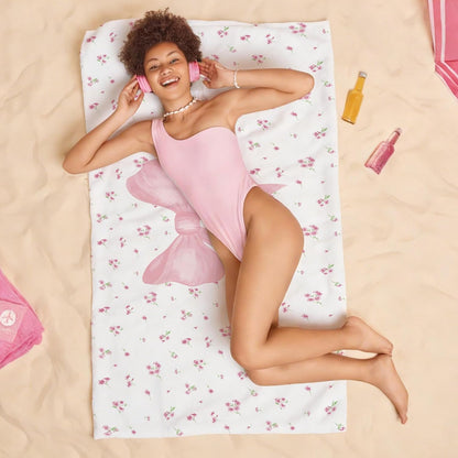 Coquette Pink Bow Floral Beach Towel 60x30 Inches, Preppy Bow Flower Girls Sand Free Swim Towels for Women Bath Swimming Pool Camping Travel, Pink Oversized XL Beach Towels