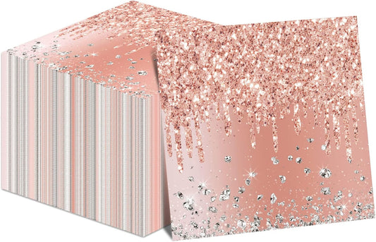 50 Pieces Rose Gold Birthday Napkins Pink Birthday Party Decorations Supplies Pink Rose Gold Paper Disposable Dessert Napkin for Girls Women Diamond Theme Party Anniversary Wedding Favors