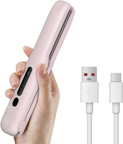 Cordless Hair Straightener, Travel Flat Iron Rechargable for Women, Portable Mini Hair Straightener and Curler 2-in-1, Fast Heating, Adjustable Temp for Car,Travel, On-the-Go Styling(Pink)