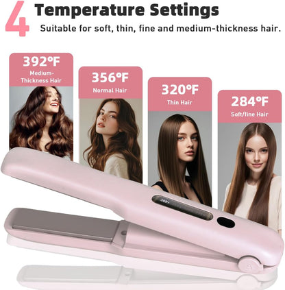 Cordless Hair Straightener, Travel Flat Iron Rechargable for Women, Portable Mini Hair Straightener and Curler 2-in-1, Fast Heating, Adjustable Temp for Car,Travel, On-the-Go Styling(Pink)