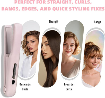 Cordless Hair Straightener, Travel Flat Iron Rechargable for Women, Portable Mini Hair Straightener and Curler 2-in-1, Fast Heating, Adjustable Temp for Car,Travel, On-the-Go Styling(Pink)