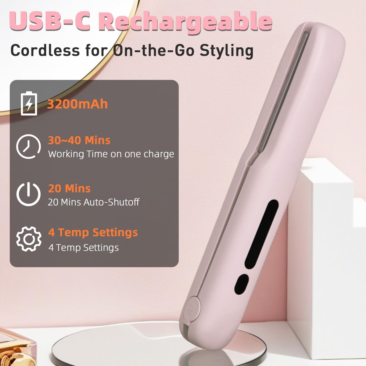Cordless Hair Straightener, Travel Flat Iron Rechargable for Women, Portable Mini Hair Straightener and Curler 2-in-1, Fast Heating, Adjustable Temp for Car,Travel, On-the-Go Styling(Pink)