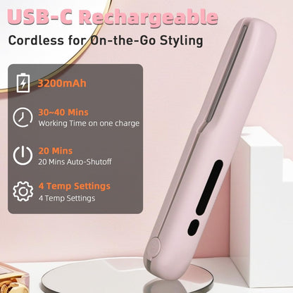 Cordless Hair Straightener, Travel Flat Iron Rechargable for Women, Portable Mini Hair Straightener and Curler 2-in-1, Fast Heating, Adjustable Temp for Car,Travel, On-the-Go Styling(Pink)