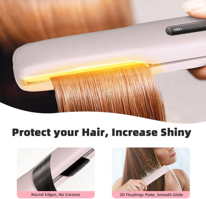 Cordless Hair Straightener, Travel Flat Iron Rechargable for Women, Portable Mini Hair Straightener and Curler 2-in-1, Fast Heating, Adjustable Temp for Car,Travel, On-the-Go Styling(Pink)