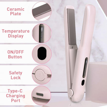 Cordless Hair Straightener, Travel Flat Iron Rechargable for Women, Portable Mini Hair Straightener and Curler 2-in-1, Fast Heating, Adjustable Temp for Car,Travel, On-the-Go Styling(Pink)