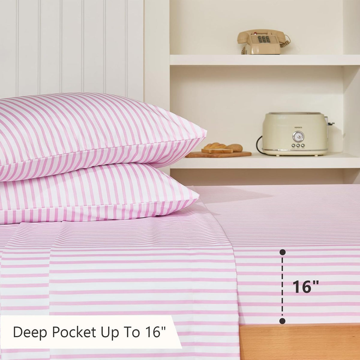 4Pieces Striped Sheets Set, Breathable Queen Sheet Set with 16" Deep Pocket,Modern & Luxury, Brushed Microfiber Bedding Set(Queen, Pink Simple)