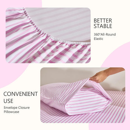 4Pieces Striped Sheets Set, Breathable Queen Sheet Set with 16" Deep Pocket,Modern & Luxury, Brushed Microfiber Bedding Set(Queen, Pink Simple)