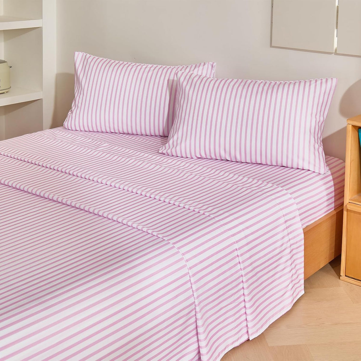 4Pieces Striped Sheets Set, Breathable Queen Sheet Set with 16" Deep Pocket,Modern & Luxury, Brushed Microfiber Bedding Set(Queen, Pink Simple)