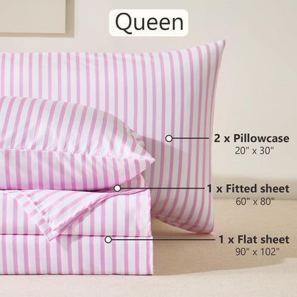 4Pieces Striped Sheets Set, Breathable Queen Sheet Set with 16" Deep Pocket,Modern & Luxury, Brushed Microfiber Bedding Set(Queen, Pink Simple)