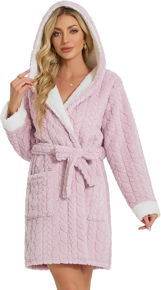 Womens Hooded Plush Short Bathrobe, Ultra Soft Jacquard Fluffy Robe