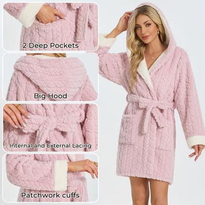 Womens Hooded Plush Short Bathrobe, Ultra Soft Jacquard Fluffy Robe