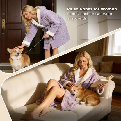 Womens Hooded Plush Short Bathrobe, Ultra Soft Jacquard Fluffy Robe