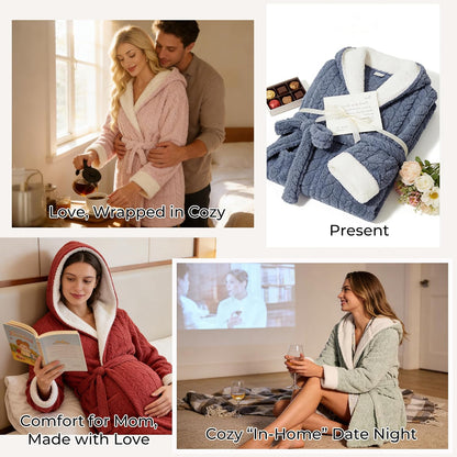 Womens Hooded Plush Short Bathrobe, Ultra Soft Jacquard Fluffy Robe