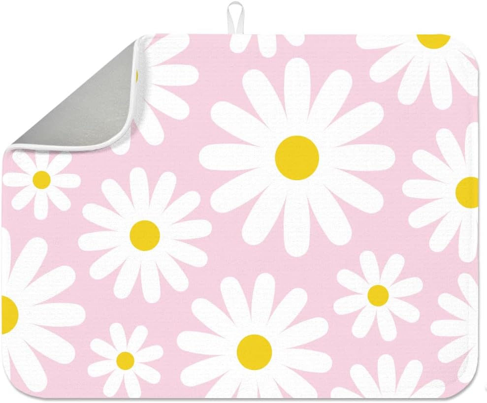 Daisy Dish Drying Mat 17.7x23.6 Inch Watercolour Daisy Absorbent Mat Pink Floral Dish Drying Pad Rustic Farmhouse Placemats White Flower Absorbent Pad for Table Countertop Sink Coffee Bar