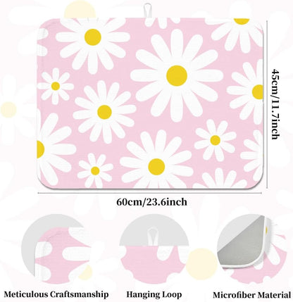 Daisy Dish Drying Mat 17.7x23.6 Inch Watercolour Daisy Absorbent Mat Pink Floral Dish Drying Pad Rustic Farmhouse Placemats White Flower Absorbent Pad for Table Countertop Sink Coffee Bar