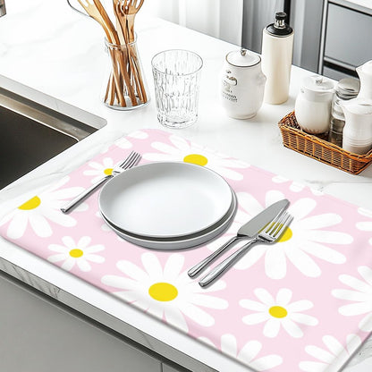 Daisy Dish Drying Mat 17.7x23.6 Inch Watercolour Daisy Absorbent Mat Pink Floral Dish Drying Pad Rustic Farmhouse Placemats White Flower Absorbent Pad for Table Countertop Sink Coffee Bar