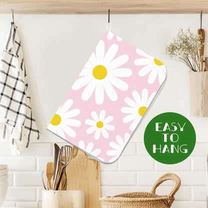 Daisy Dish Drying Mat 17.7x23.6 Inch Watercolour Daisy Absorbent Mat Pink Floral Dish Drying Pad Rustic Farmhouse Placemats White Flower Absorbent Pad for Table Countertop Sink Coffee Bar