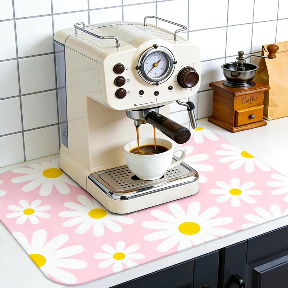 Daisy Dish Drying Mat 17.7x23.6 Inch Watercolour Daisy Absorbent Mat Pink Floral Dish Drying Pad Rustic Farmhouse Placemats White Flower Absorbent Pad for Table Countertop Sink Coffee Bar