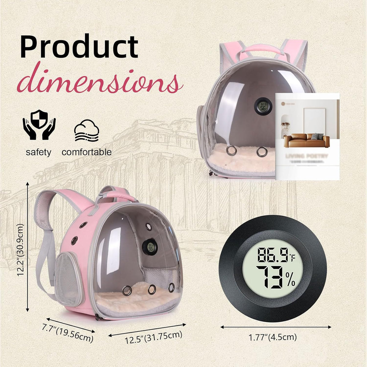 Bearded Dragon Backpack Carrier w/Reptile Thermometer Hygrometer, Clear Bubble Window Astronaut Space Capsule Travel Bag for Leopard Gecko, Ball Python, Lizard, Hermit Crab, Spider, Guinea Pig