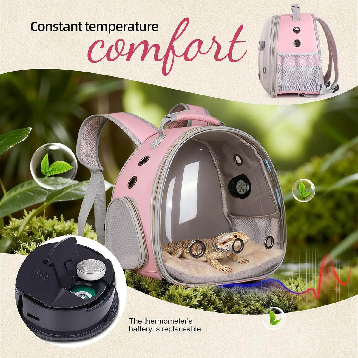 Bearded Dragon Backpack Carrier w/Reptile Thermometer Hygrometer, Clear Bubble Window Astronaut Space Capsule Travel Bag for Leopard Gecko, Ball Python, Lizard, Hermit Crab, Spider, Guinea Pig