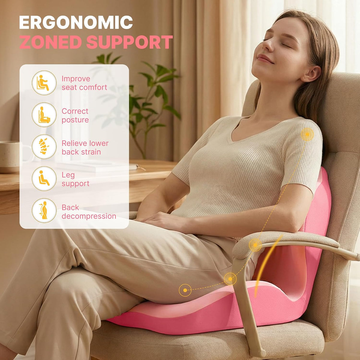 CHANCEE Ergonomic Seat Cushion with L-Shaped Design for Office Chair (Pink)