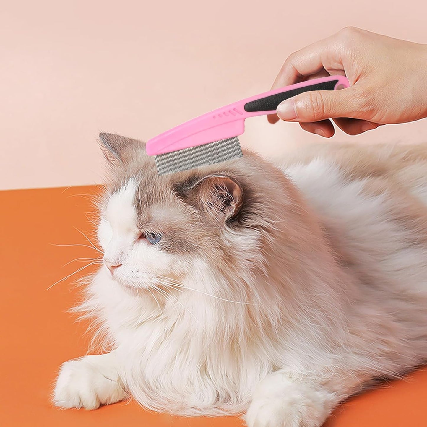 Flea and Lice Comb for Dogs and Cats - Promotes Hair Growth, Removes Loose Hair, Knots, and Flakes - Rubber Handle Brush for Pet Grooming (Pink)