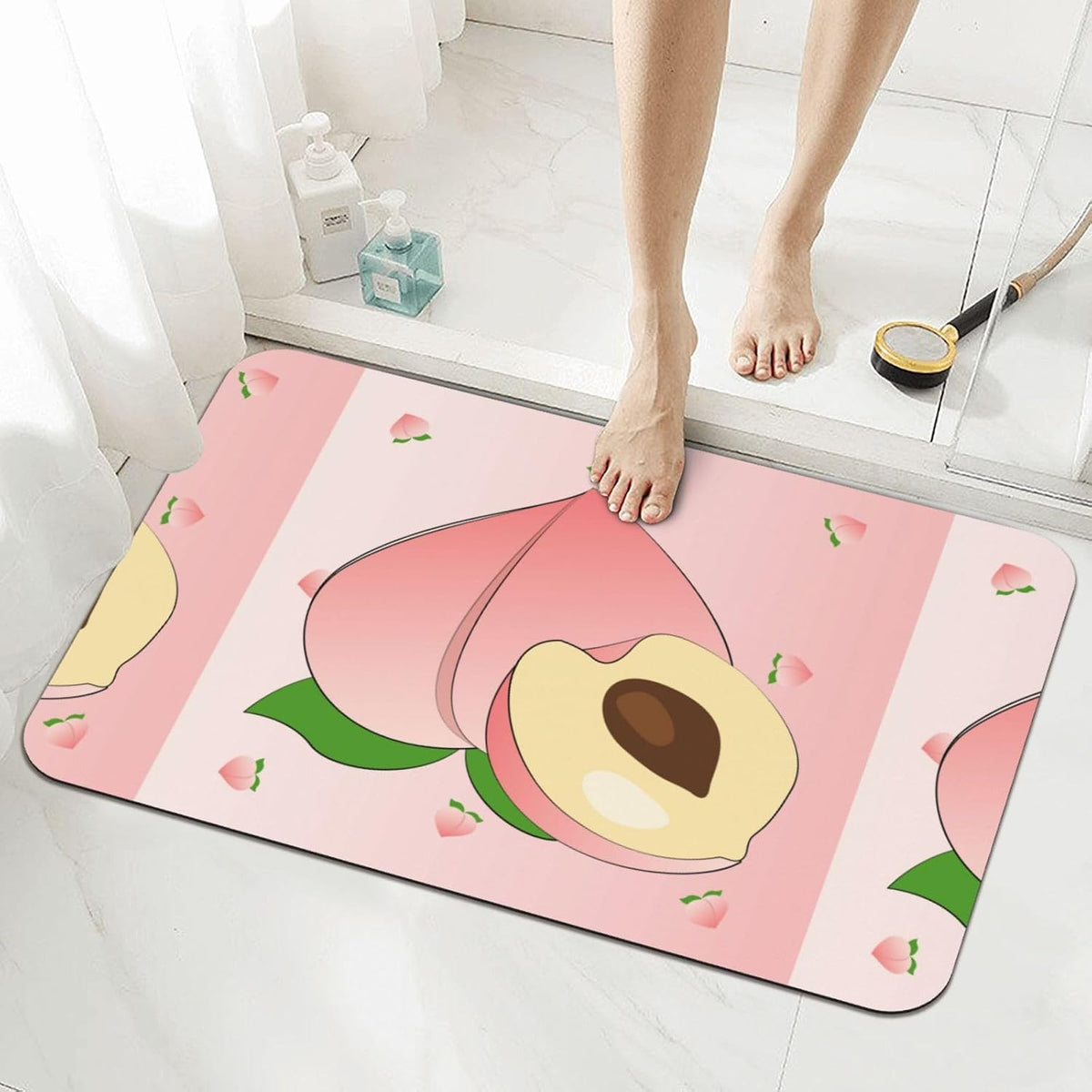 Cartoon Peach Diatomite Bath Mat 15.7x23.6in, FastDry Tech Fabric Nonslip Rubber Backing for Shower