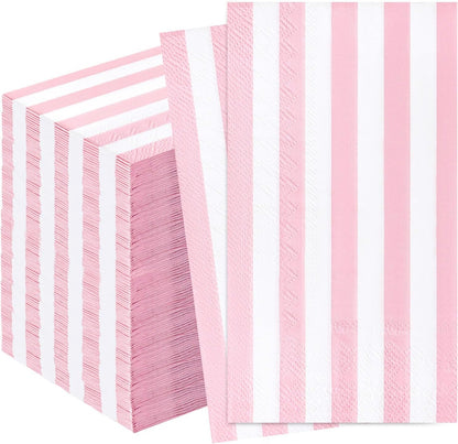 100 Pcs Light Pink Striped Dinner Napkins 3-Ply Pink and White Striped Paper Napkins Disposable Guest Hand Towels for Bathroom Wedding Baby Shower Guest Bathroom Napkins