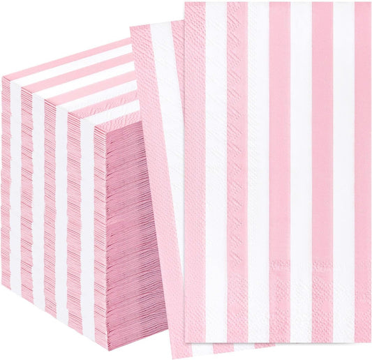 100 Pcs Light Pink Striped Dinner Napkins 3-Ply Pink and White Striped Paper Napkins Disposable Guest Hand Towels for Bathroom Wedding Baby Shower Guest Bathroom Napkins