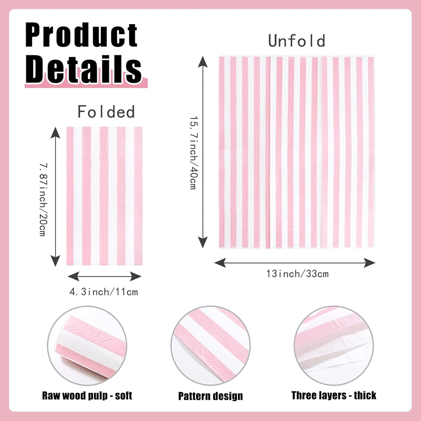 100 Pcs Light Pink Striped Dinner Napkins 3-Ply Pink and White Striped Paper Napkins Disposable Guest Hand Towels for Bathroom Wedding Baby Shower Guest Bathroom Napkins