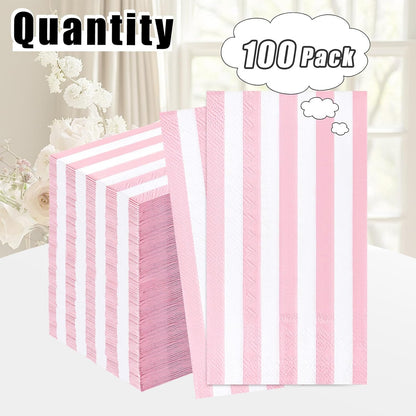 100 Pcs Light Pink Striped Dinner Napkins 3-Ply Pink and White Striped Paper Napkins Disposable Guest Hand Towels for Bathroom Wedding Baby Shower Guest Bathroom Napkins