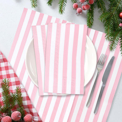100 Pcs Light Pink Striped Dinner Napkins 3-Ply Pink and White Striped Paper Napkins Disposable Guest Hand Towels for Bathroom Wedding Baby Shower Guest Bathroom Napkins