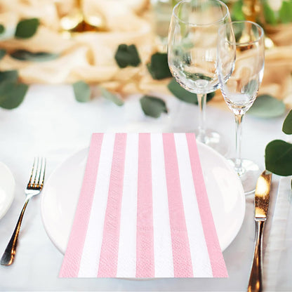 100 Pcs Light Pink Striped Dinner Napkins 3-Ply Pink and White Striped Paper Napkins Disposable Guest Hand Towels for Bathroom Wedding Baby Shower Guest Bathroom Napkins