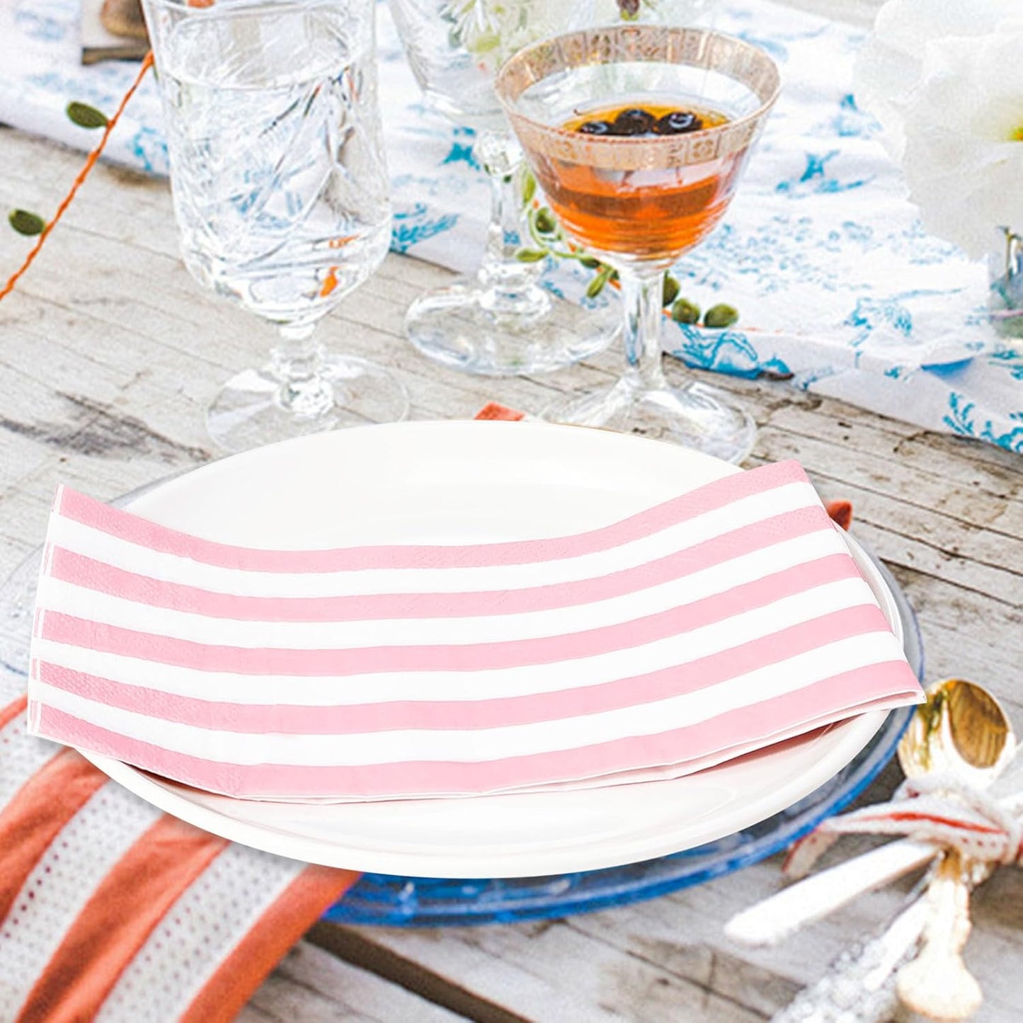 100 Pcs Light Pink Striped Dinner Napkins 3-Ply Pink and White Striped Paper Napkins Disposable Guest Hand Towels for Bathroom Wedding Baby Shower Guest Bathroom Napkins