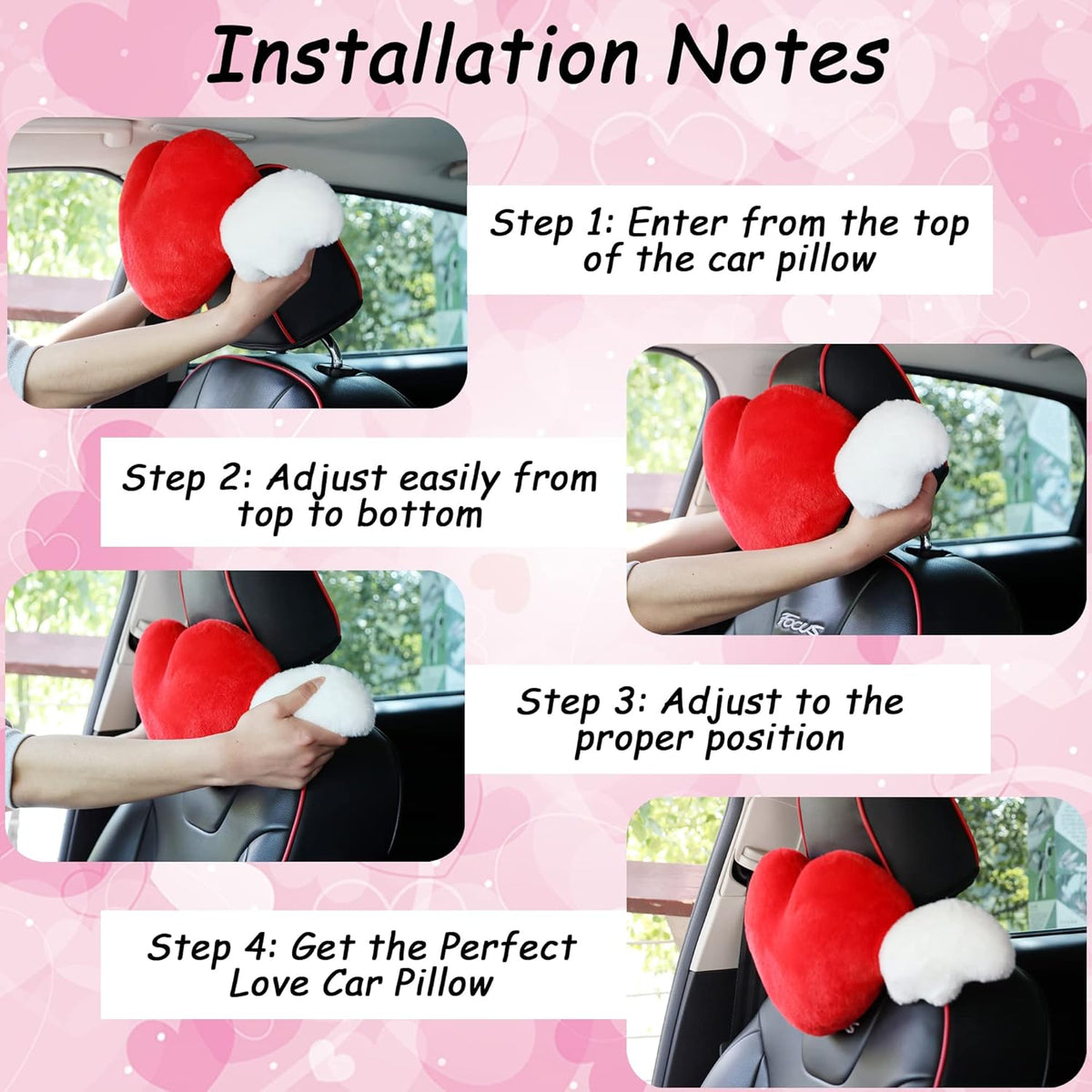 2 Pack Heart Shaped Cute Car Headrest Pillow with Angel Wings - Comfortable Soft Head Rest Cushion Kawaii Car Accessories Neck Pillow for Driving Travelling Office Home Decor - Pink Love Heart
