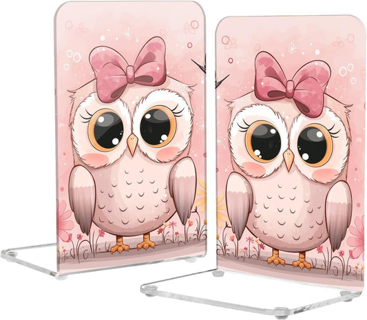 Acrylic Bookends Cute Owls Light Pink Book Ends for Shelves 2 Pcs Decorative Book Stopper Non Skid