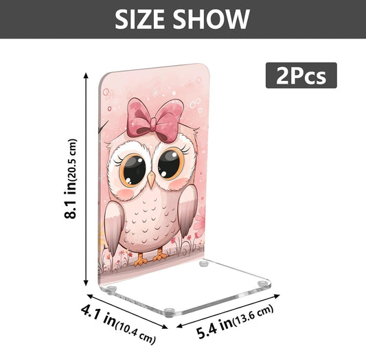 Acrylic Bookends Cute Owls Light Pink Book Ends for Shelves 2 Pcs Decorative Book Stopper Non Skid