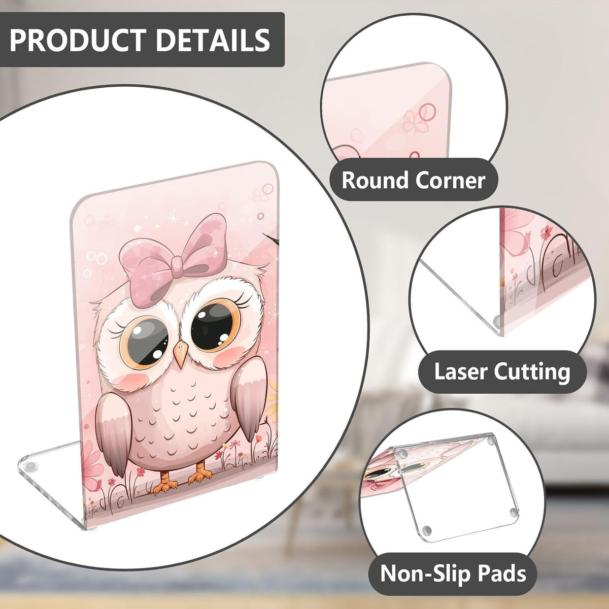 Acrylic Bookends Cute Owls Light Pink Book Ends for Shelves 2 Pcs Decorative Book Stopper Non Skid