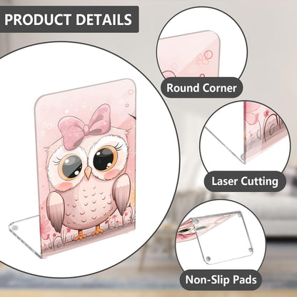 Acrylic Bookends Cute Owls Light Pink Book Ends for Shelves 2 Pcs Decorative Book Stopper Non Skid