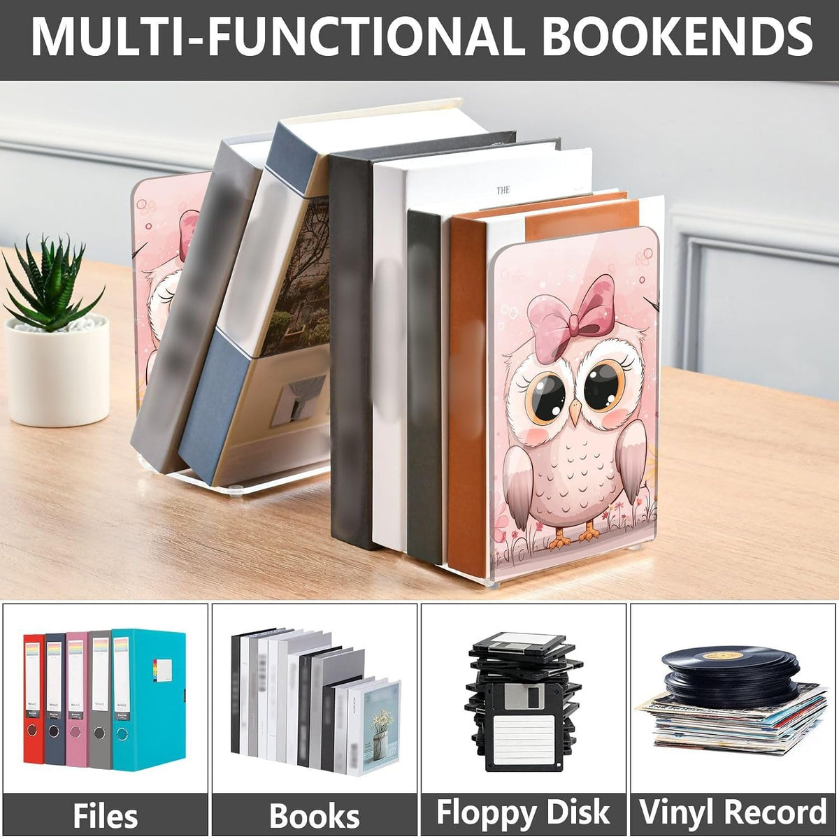 Acrylic Bookends Cute Owls Light Pink Book Ends for Shelves 2 Pcs Decorative Book Stopper Non Skid