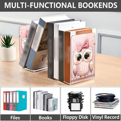 Acrylic Bookends Cute Owls Light Pink Book Ends for Shelves 2 Pcs Decorative Book Stopper Non Skid